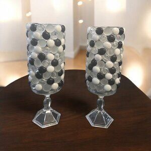 Black and White Beaded Vase Set of 2 - Elegant Decorative Vases or Candle Holder